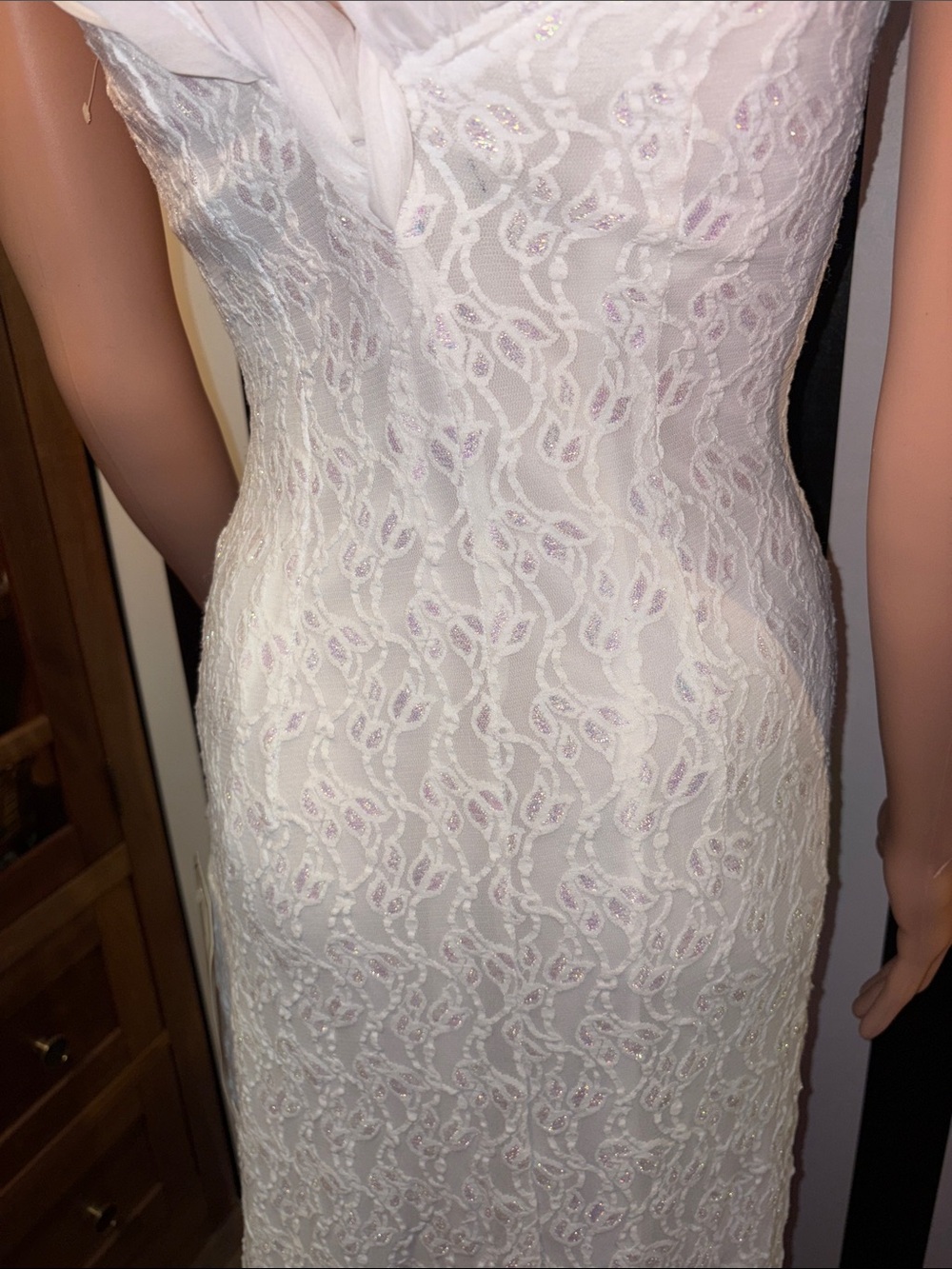 Y2K Wedding Dress Lace Column Long Gown Sheer Cowl Neck Size 0/2 XS Beaded Strap - Picture 16 of 17